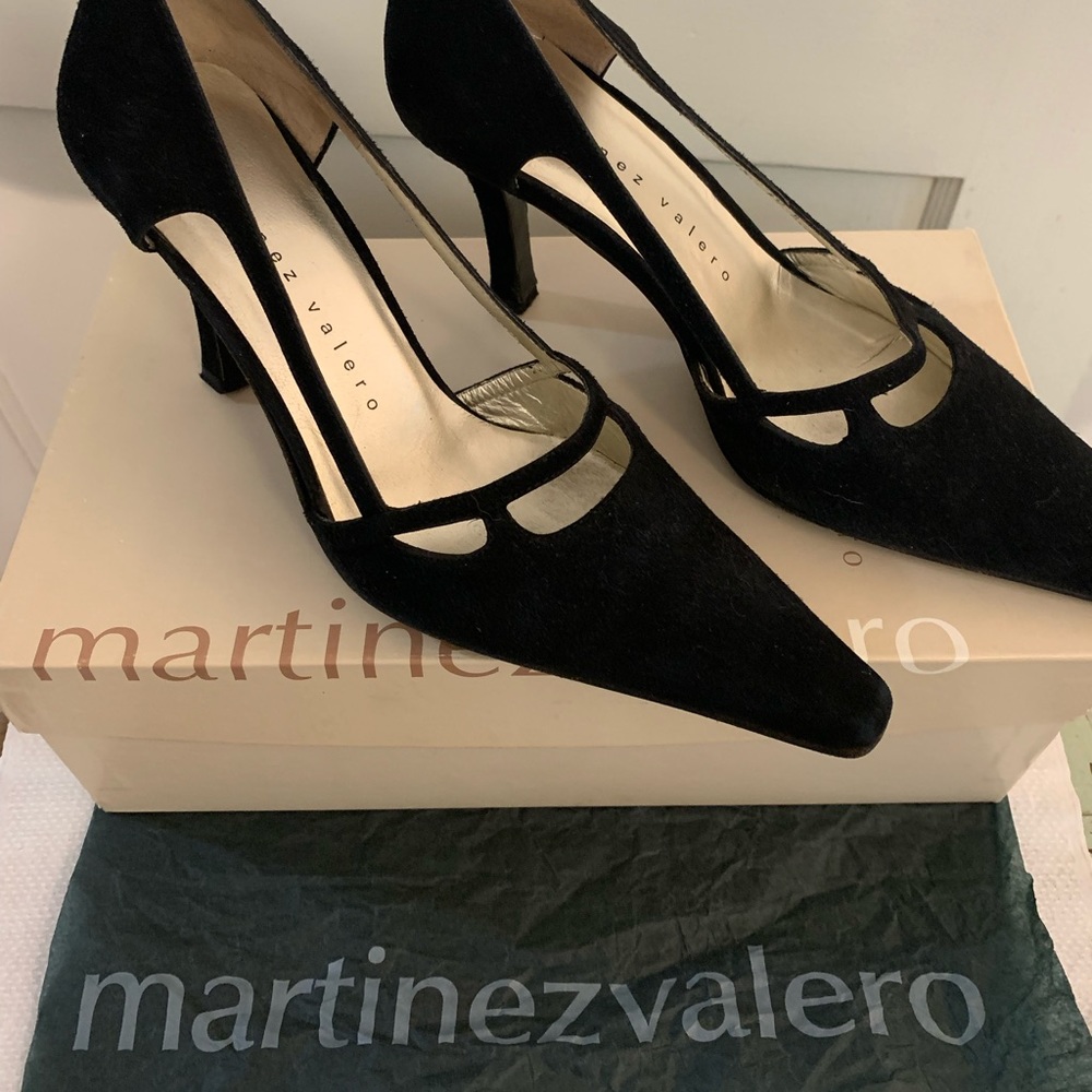 Martinez Valero Black Suede Heels with Cut Outs Size 5.5 w/ Box